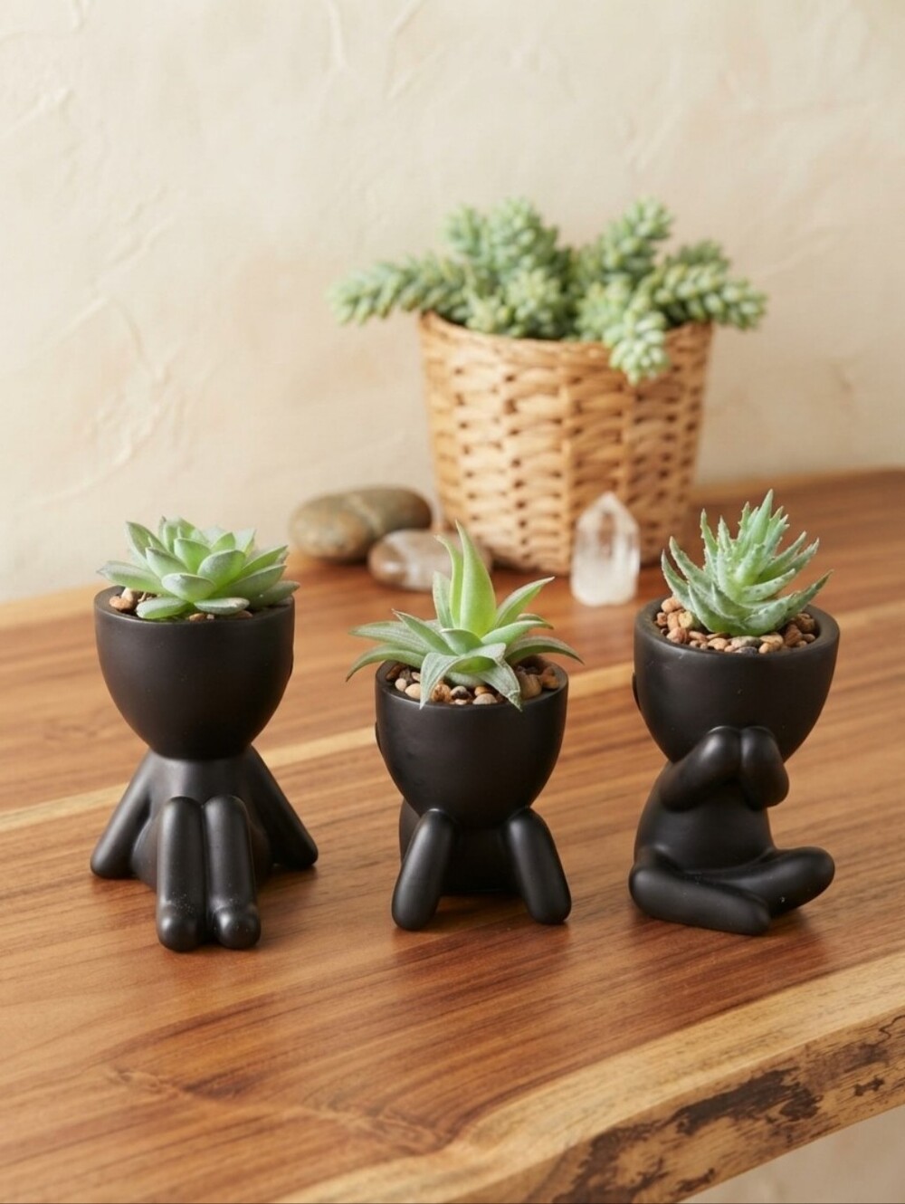 Quirky Sitting Person Black Mini Planters with Artificial Succulents